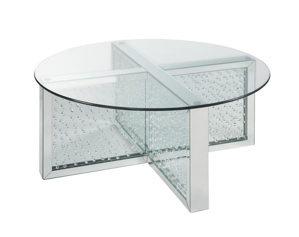 English Elm Nysa Glam Mirrored Coffee Table with Faux Crystal X Base and Tempered Glass Top B2726P453252