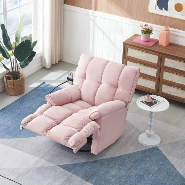 English Elm Single Teddy Upholstered Recliner Chair with Solid Wood Frame, Sponge Cushions & Phone Stand, Adjustable Back to 150° Pink W1278P212866