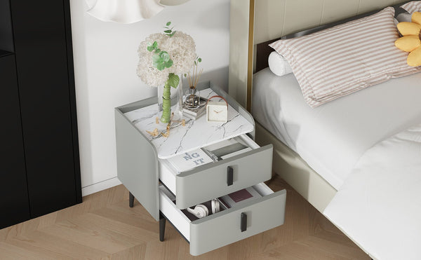 English Elm Nightstand with Marble-Pattern Top and Raised Guard, 2 Drawers for Organized Stylish Bedroom Decor Gray 23.4 L x 18.5 W x 9.06 H N733P332142E