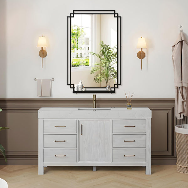 English Elm 24*36 Ines Black Iron Frame Wall Mirror with Integrated Shelf for Bath or Bedroom W708P421807