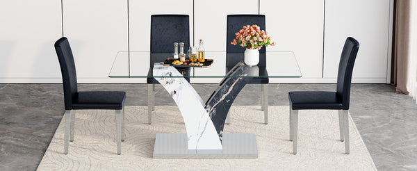 English Elm Table 5-Piece Dining Set With Glass Top, Sculptural Mdf Legs, And 4 Black Pu Chairs For Modern Style W1151S03802-GIGA