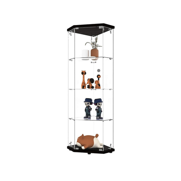 English Elm Glass Pentagon Curio Cabinet Frameless Tempered Shelves Matte Black Living Room Display W1806P476368