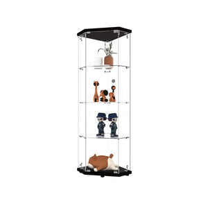 English Elm Glass Pentagon Curio Cabinet Frameless Tempered Shelves Matte Black Living Room Display W1806P476367