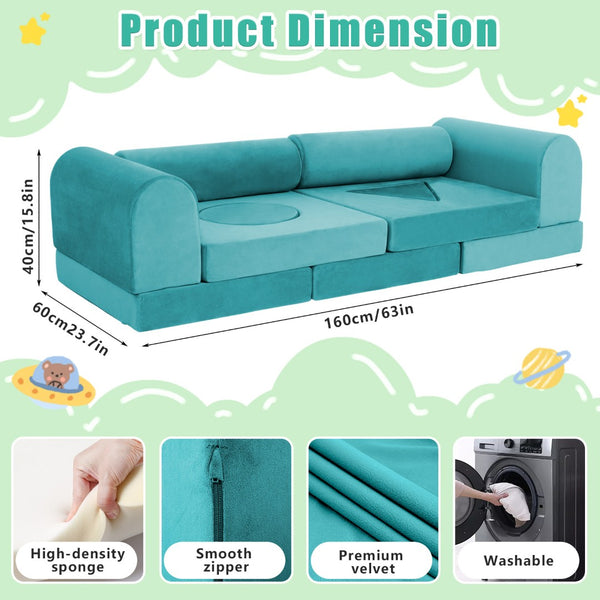 English Elm 11pcs Modular Foam Play Couch Set for Kids Velour Washable Toddler Playroom Builder Cyan T5880P493425