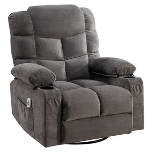 English Elm Oversized Swivel Recliner with Massage Heating Linen Upholstery and Usb Port Gray W1521P411670