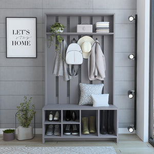 English Elm Tulcan 38" Wide Hall Tree with Bench, Smoke Grey Entryway Organizer with 4 Hooks & 6 Shoe Cubbies B070S00337