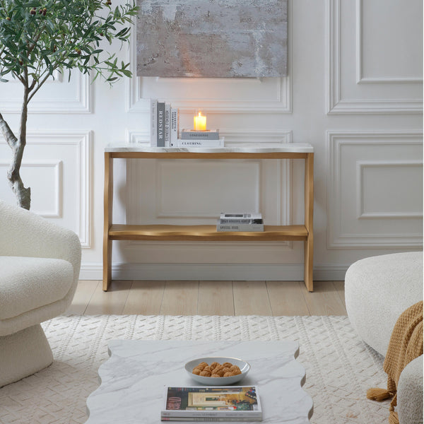 English Elm 47.24" Elegant Marble-Pattern Console Table - Modern Design With Open Storage For Living Spaces W2664P346440
