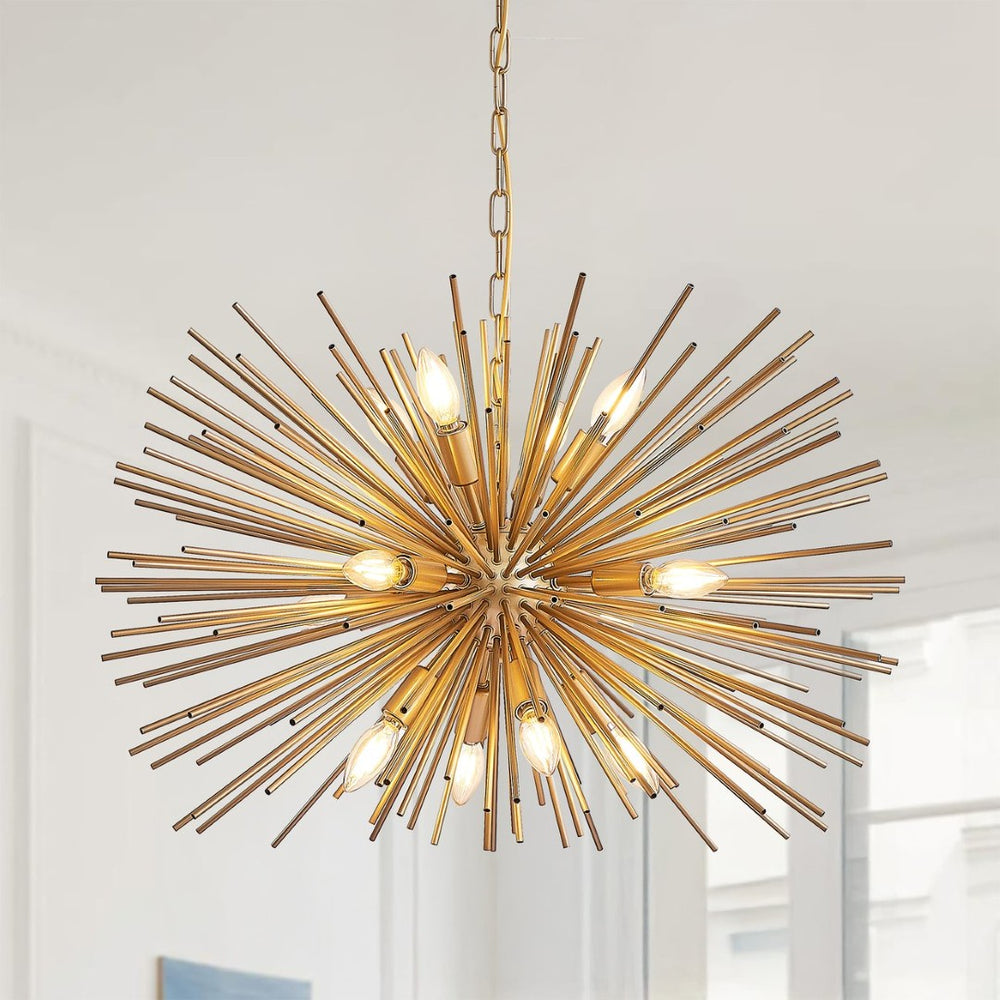 English Elm 29" Sputnik Chandelier Gold Iron 12 Arm Starburst Pendant Mid-century Foyer Light W1340P279982
