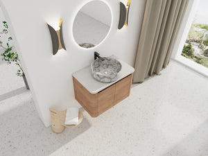 English Elm 30'' Wall-Mounted Bathroom Vanity With Elegant Ceramic Art Sink, Soft-Close Doors & Space-Saving Design W999S00390