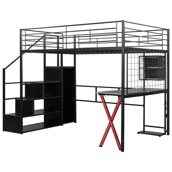 English Elm Full Full Size Metal Loft Bed with Built-In Desk, Wardrobe & Stair Storage, LED Lights, Space-Saving Black GX000663AAB