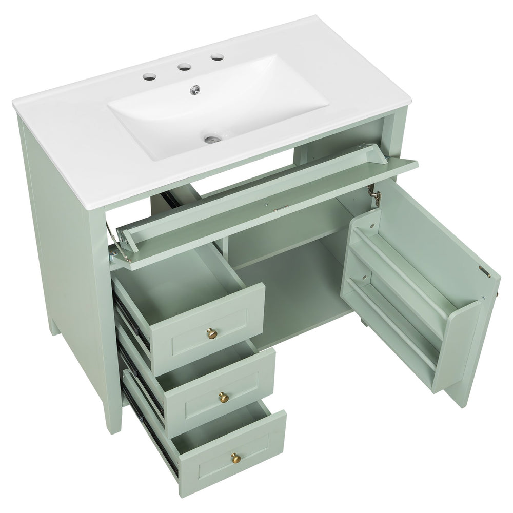 English Elm 36-Inch Green Bathroom Vanity With Sink - Modern Mdf & Rubberwood Freestanding Storage Solution N725P350821F
