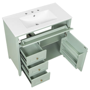 English Elm 36-Inch Green Bathroom Vanity With Sink - Modern Mdf & Rubberwood Freestanding Storage Solution N725P350821F