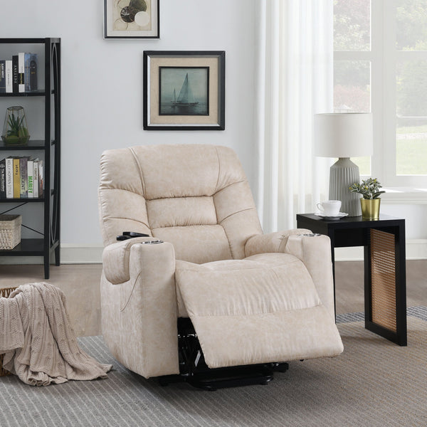 English Elm Nairi Ivory Faux Leather Power Recliner with Lift, Heat & Massage, Cup Holders, Pocket Coil Support B2726P245481