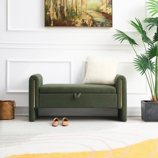 English Elm Modern Teddy Bed End Bench with Arms and Storage — Plush Upholstered Ottoman with Hidden Interior Space for Bedroom Seating and Organization Olive Green W2671P208547