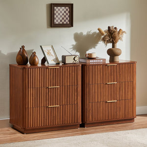English Elm 3 Drawer Walnut Dresser Set with Curved Wave Corners, Waterproof Top, Modern Nightstands for Bedroom W1820P337284