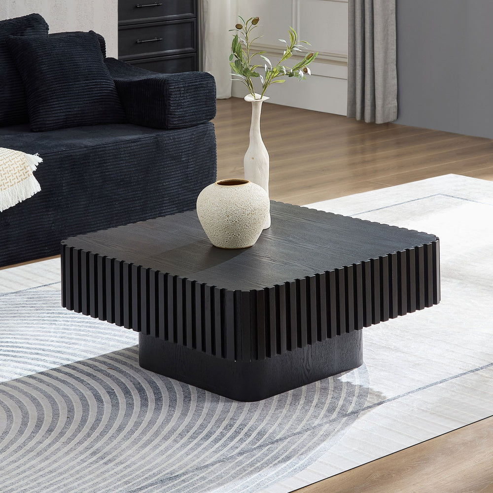 English Elm 31.5 Inch Modern Handcraft Drum Coffee Table Square MDF Pedestal Low Profile Rustic Accent Table Black W2582P360257