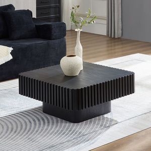 English Elm 31.5 Inch Modern Handcraft Drum Coffee Table Square MDF Pedestal Low Profile Rustic Accent Table Black W2582P360257