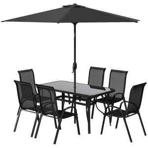 English Elm Modern Outdoor Dining Set 8 Piece Aluminum Mesh Chairs Glass Table with Umbrella T3971S00151