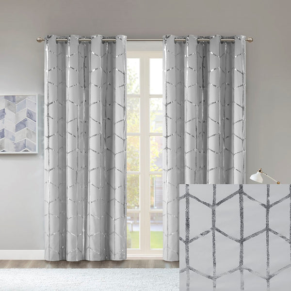 English Elm Total Blackout Metallic Raina Grommet Curtain Panel 50x84, Geometric Silver Print, Energy-Efficient 3-Pass Foamback Privacy Drapes B03596322