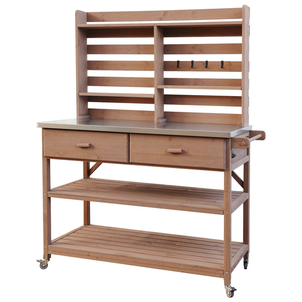 English Elm K&K 64.9" Outdoor Potting Bench with 1.2" Stainless Steel Top, Lockable Wheels, Hutch & Drawers Brown N707P228274Z