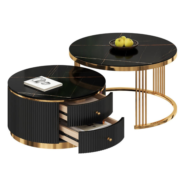 English Elm Modern Round Nesting Coffee Table Set with Gold Pedestal Legs and Storage Drawers Black N735P349323B