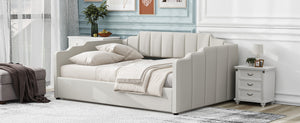 English Elm Upholstered modern daybed with under-bed storage drawers, full-size platform frame for guests Beige DL002033AAA