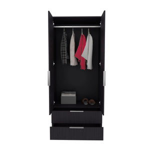 English Elm Wenden Tall Black Armoire with Double Doors, Two Drawers, Hanging Rod & Interior Shelves for Small Spaces B200S00433
