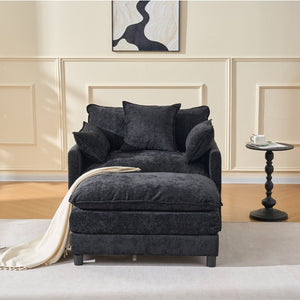 English Elm 39.4" Chenille Club Chair with Ottoman Solid Wood Frame for Living Room or Bedroom Black W3244P392667