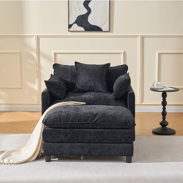 English Elm 39.4" Chenille Club Chair with Ottoman Solid Wood Frame for Living Room or Bedroom Black W3244P392667