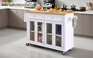 English Elm White Kitchen Island Cart with Wood Top, Drop-Leaf, Locking Wheels, 2 Drawers & Cabinet Storage W2565P359239