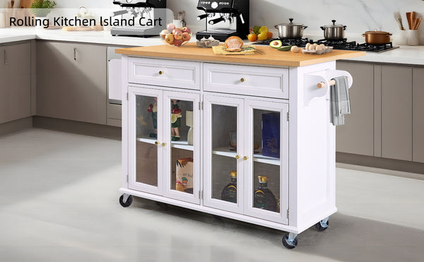 English Elm White Kitchen Island Cart with Wood Top, Drop-Leaf, Locking Wheels, 2 Drawers & Cabinet Storage W2565P359239