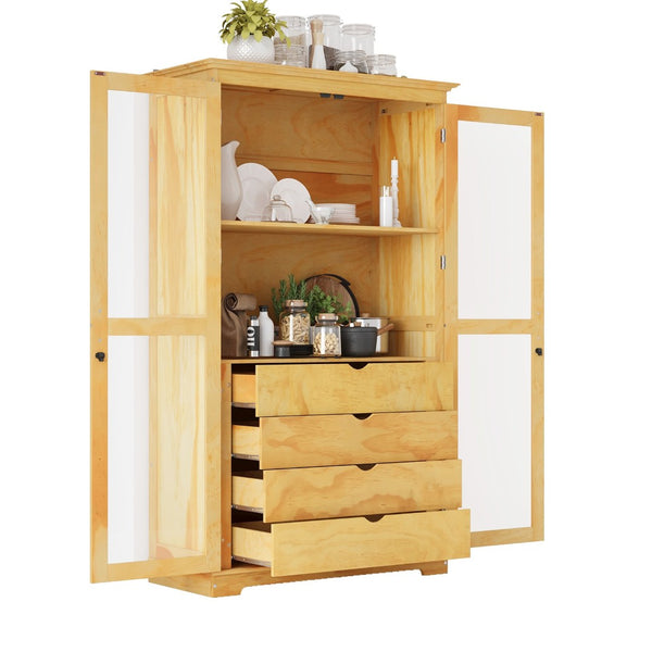 English Elm Topmax Solid Pine Pantry Cabinet with Glass Doors Four Drawers Farmhouse Storage Natural SP000086AAA