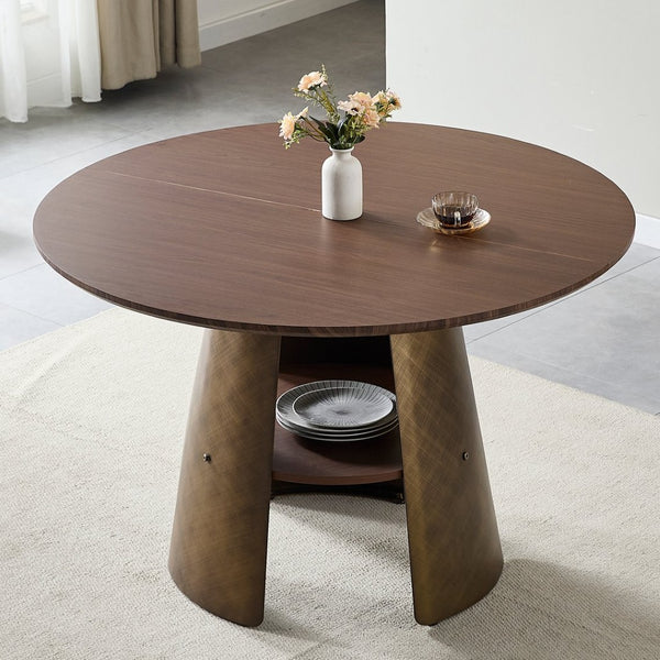 English Elm 47.25 Inch Round Dining Table Walnut Mdf Top Bronze Metal Frame Seats Six W3357S00001