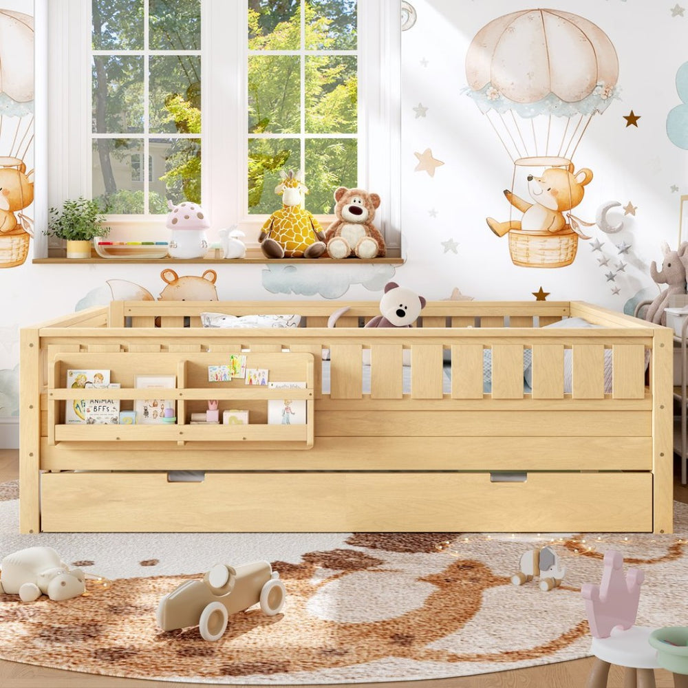 English Elm Queen Bunk Bed with Trundle Solid Pine Kids Car Themed Frame Built-in Bookshelf Light Natural W1580S00563