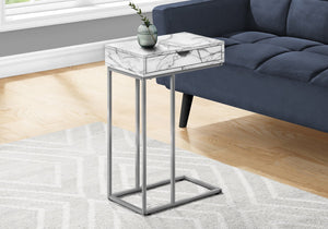 English Elm Accent Table - C-Shaped End Table With Storage Drawer, White Marble Look, Grey Metal Frame, Modern Design B2710P219421