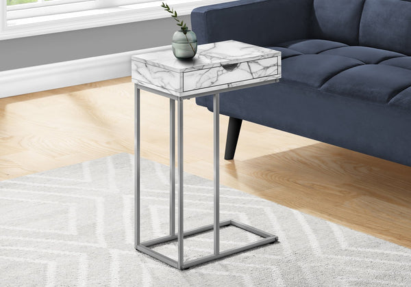 English Elm Accent Table - C-Shaped End Table With Storage Drawer, White Marble Look, Grey Metal Frame, Modern Design B2710P219421
