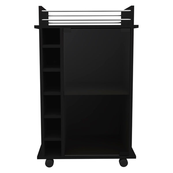 English Elm Dukat Rolling Bar Cart with Wine Storage Glass Cabinet and Espresso Wood Finish B20091846