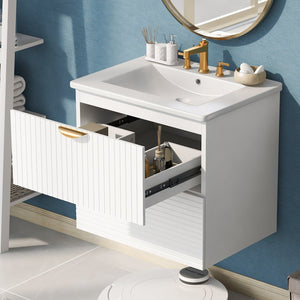 English Elm Modern 24-Inch Wall-Mounted Bathroom Vanity with 2 Drawers, Gold Handles, Space-Saving Luxury White WF324047AAK