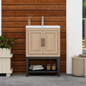 English Elm 24" Bathroom Vanity with Smooth White Ceramic Sink, Durable Metal Hinges, Adjustable Feet, Sleek Faucet & Open Iron Shelf Natural W688P224403