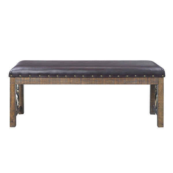 English Elm Black Black and Weathered Cherry Bench with Nailhead Trim, PU Leather Upholstery, Sturdy Pedestal Bases, Elegant Dining Accent — 56.5" Length B062P189064