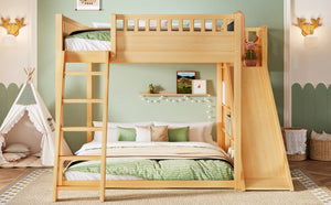 English Elm Queen Loft Bed with Upholstered Headboard Built-in Slide and Open Storage Shelves Natural W1580S00308