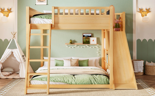 English Elm Queen Loft Bed with Upholstered Headboard Built-in Slide and Open Storage Shelves Natural W1580S00308