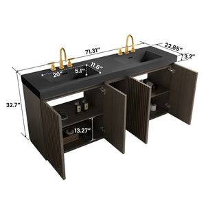 English Elm Galan 72 Inch Double Sink Vanity Fluted Wood Quartz Top Freestanding Bathroom Cabinet Oak,Smoke W1865S00229