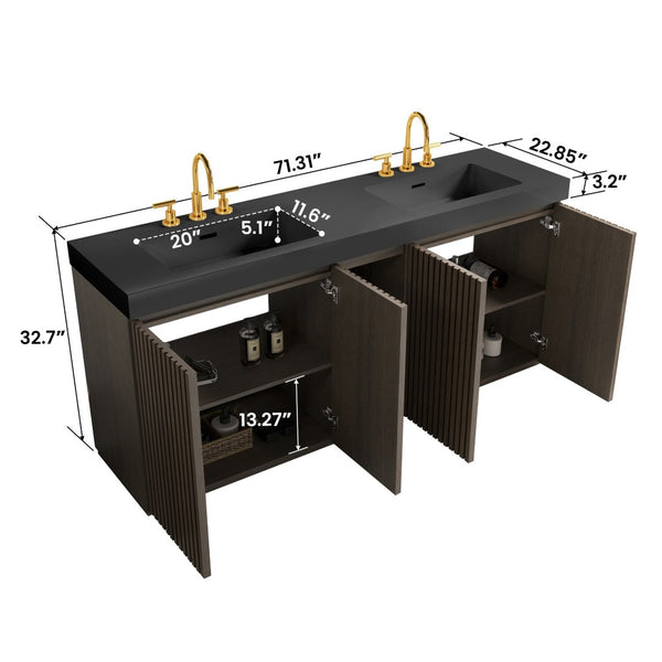English Elm Galan 72 Inch Double Sink Vanity Fluted Wood Quartz Top Freestanding Bathroom Cabinet Oak,Smoke W1865S00229