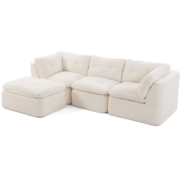 English Elm Modern Chenille Cloud Sectional with Ottoman Deep Sink Modular L Shaped Living Room Sofa Beige+White W2379S00001