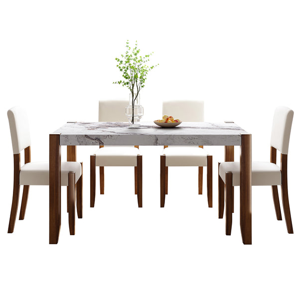 English Elm 5-Piece Modern Dining Set with 46.5" Faux Marble Table & 4 Upholstered Rubberwood Chairs, Space-Saving Elegance for Kitchen and Dining SQ000885AAK