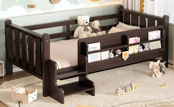 English Elm Twin Pine Floor Bed for Kids with Side Bookcases Built-in Stairs and Safety Guardrails Espresso W1580P390217