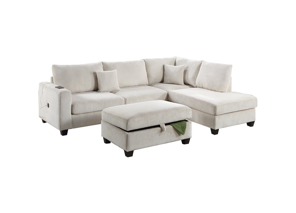 English Elm Ivory Corduroy 3pc Sectional Sofa Set with USB Port, RAF Chaise, Storage Ottoman & 2 Pillows B011S01240