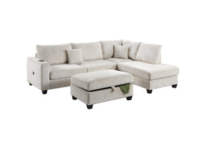 English Elm Ivory Corduroy 3pc Sectional Sofa Set with USB Port, RAF Chaise, Storage Ottoman & 2 Pillows B011S01240