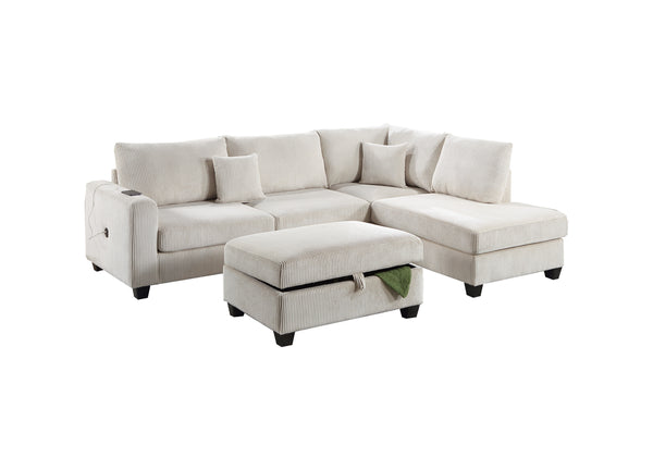 English Elm Ivory Corduroy 3pc Sectional Sofa Set with USB Port, RAF Chaise, Storage Ottoman & 2 Pillows B011S01240